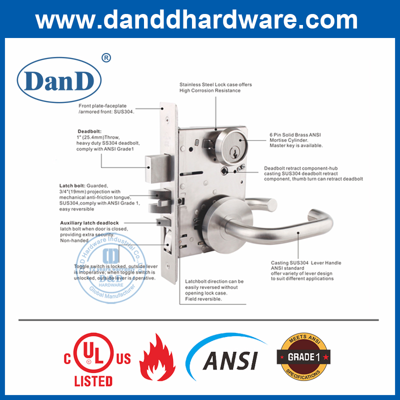SUS304 ANSI Grade 1 Most Secure Door Lock for Entrance DoorDDAL20